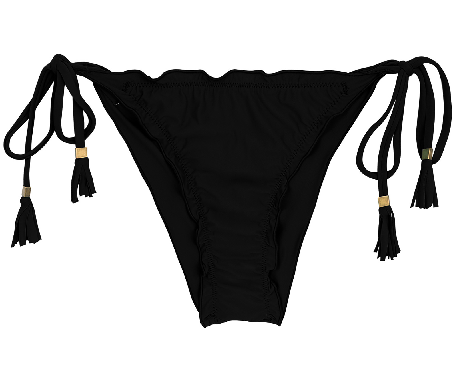 Black Scrunch Bikini Bottom With Tassels And Wavy Edges Bottom Ambra