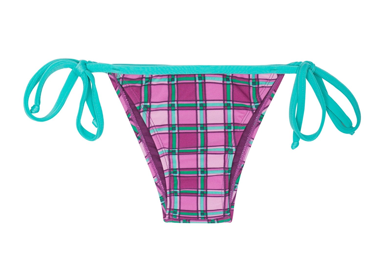 Brazilian Bikini Bottoms With Pink Tartan Squares And Green Ties