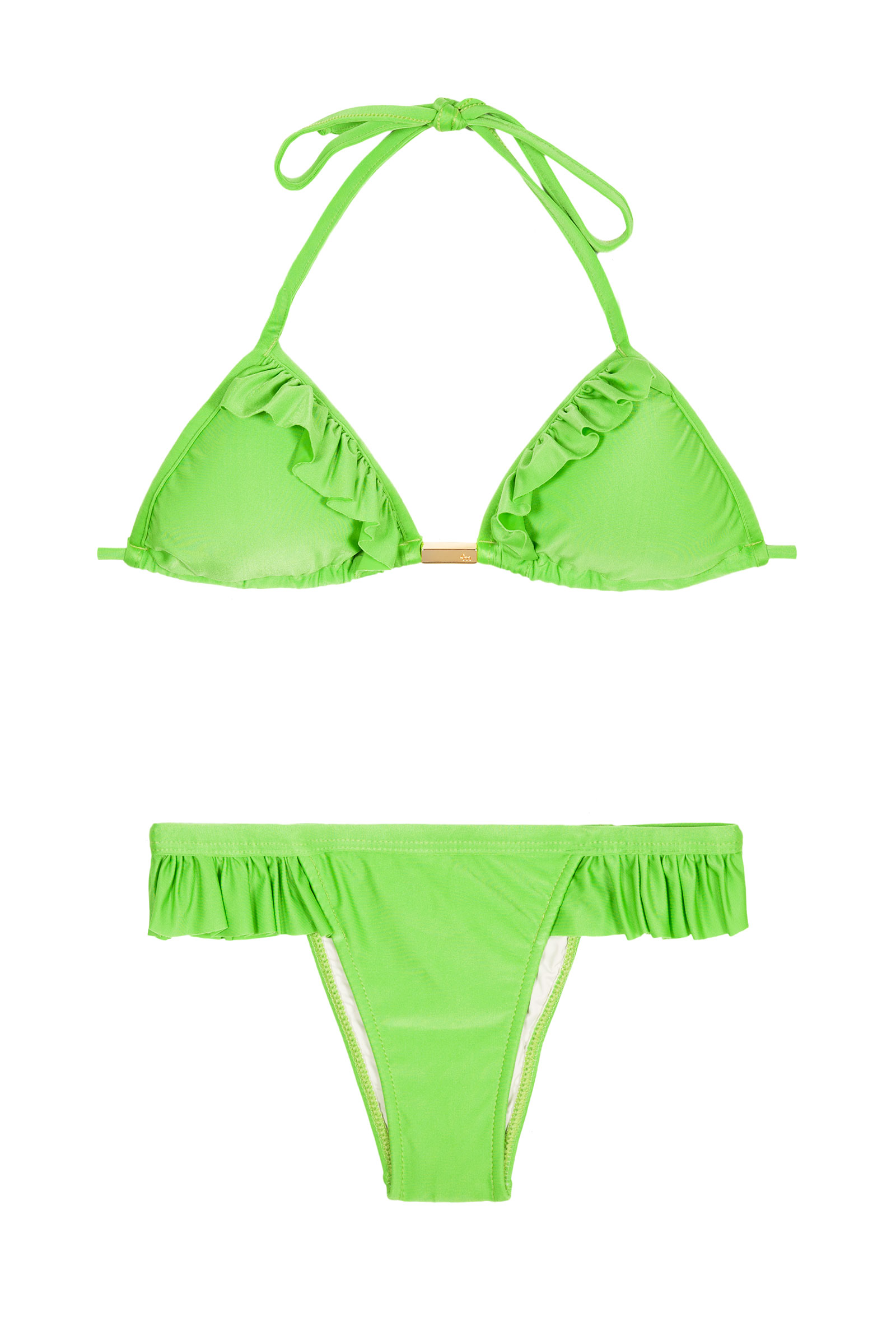 Pale Green Triangle Bikini With Frills Fixed Bottom Girly Light