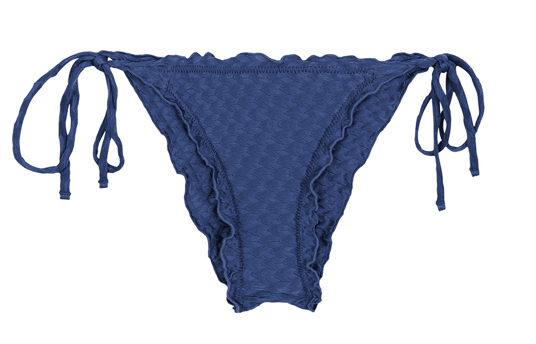 Blue Scrunch Side Tie Bikini Bottom With Textured Fabric Bottom