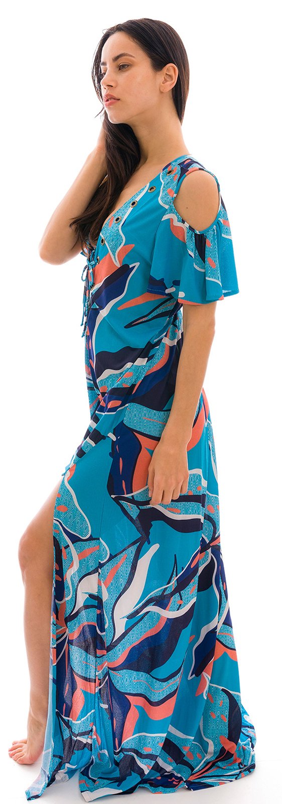 Long Beach Dress With Laced Neckline And Blue And Pink Print - Saida ...