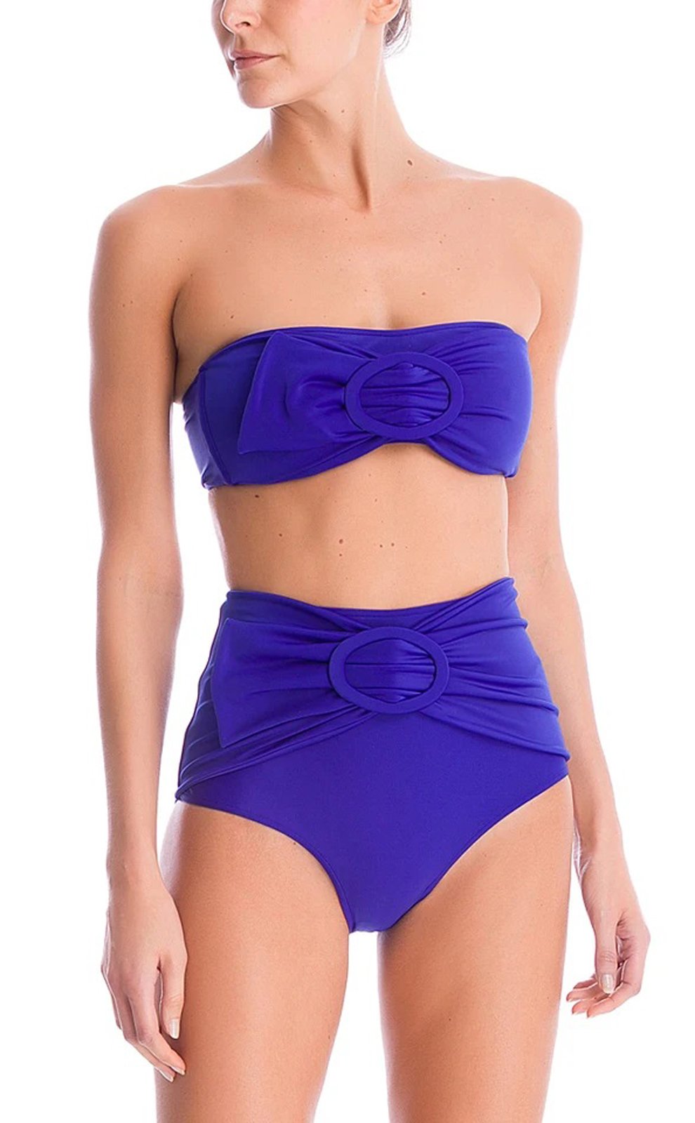 bandeau bikini top with high waisted bottoms