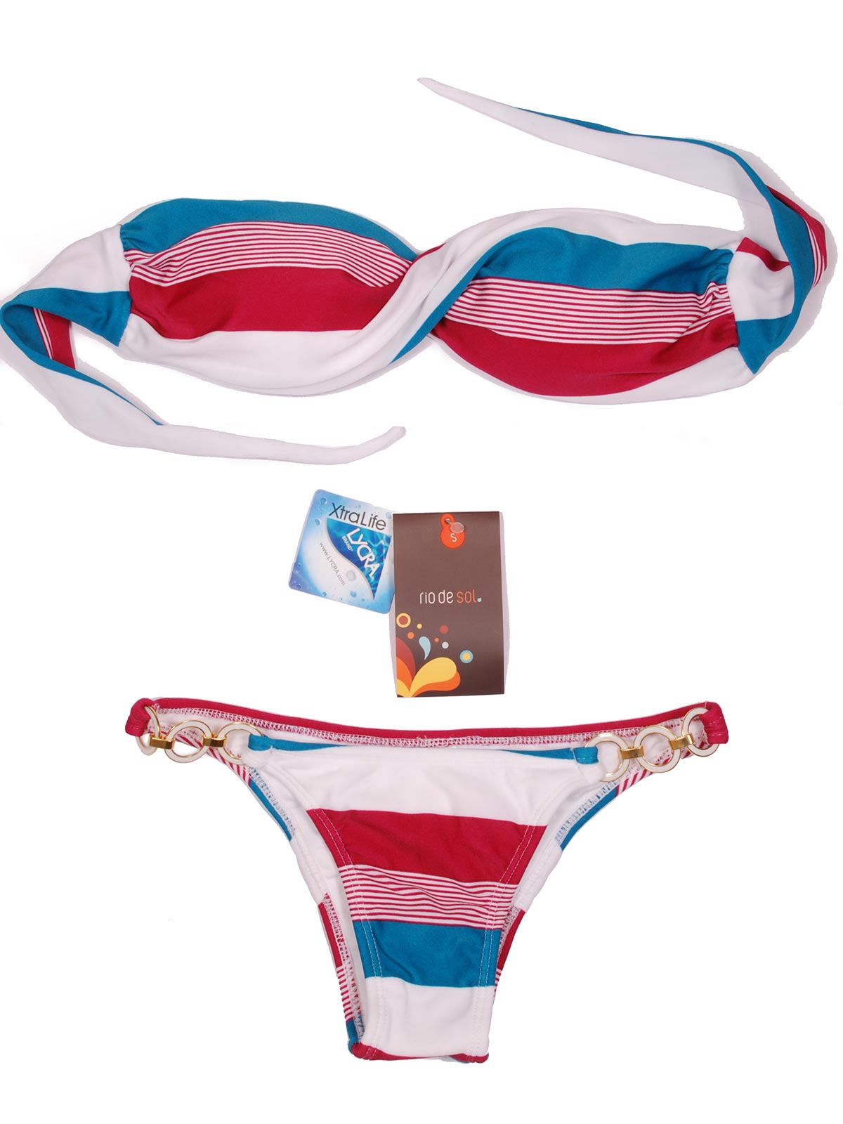 Striped bikini with athermic rings at sides.