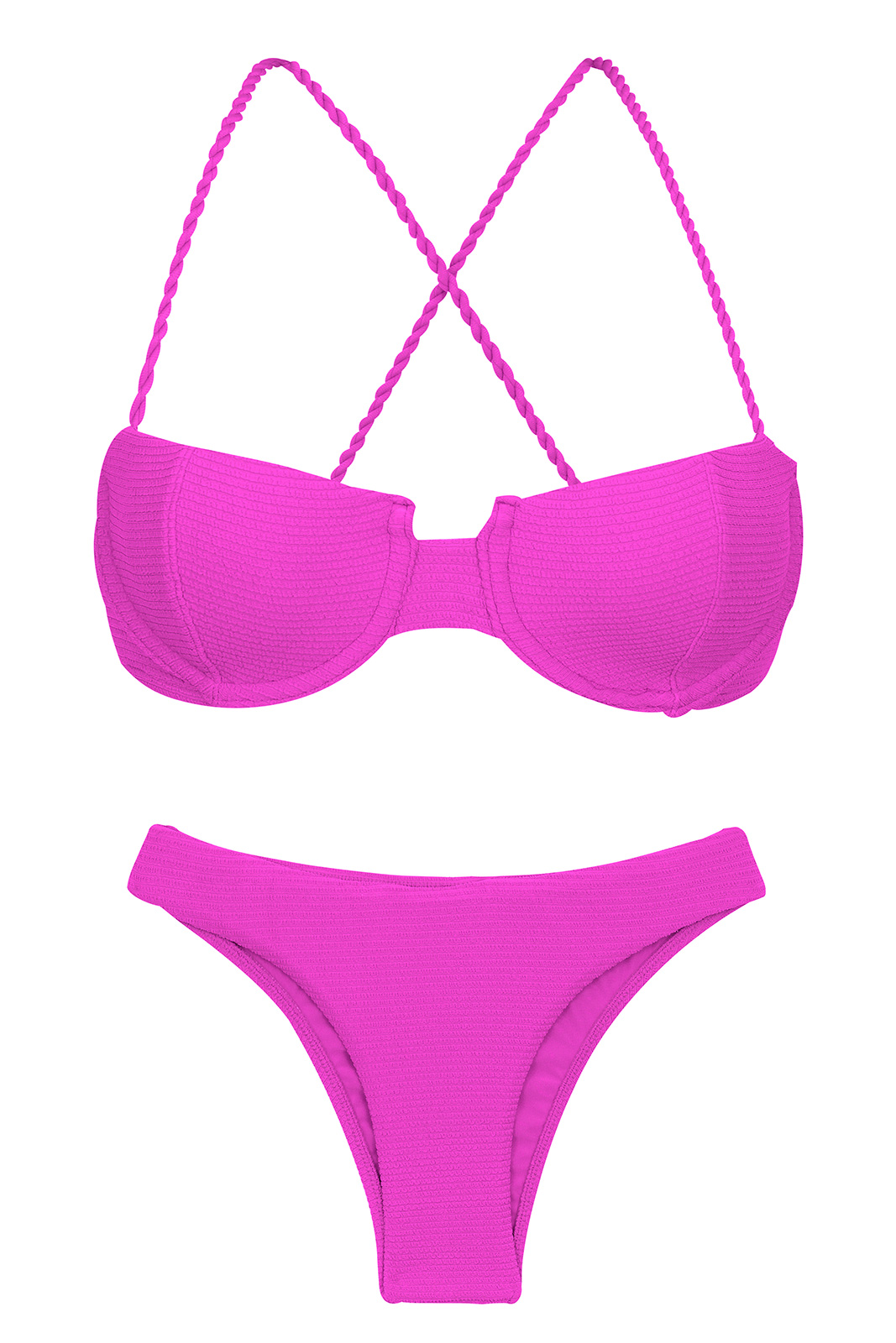 Textured Magenta Pink Balconette Bikini With Crossed Straps Set St 