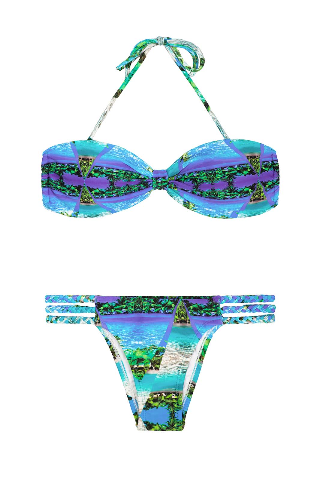 Bikini Bandeau Azul Tropical Con Varias Tiras Trenzadas Mar Mirage