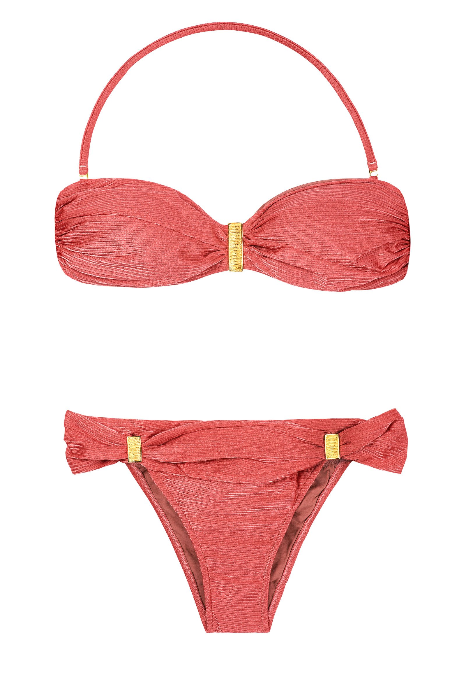 Pink Bandeau Top Bikini Set With Pleated Waistband Bottom - Canelado Rosa