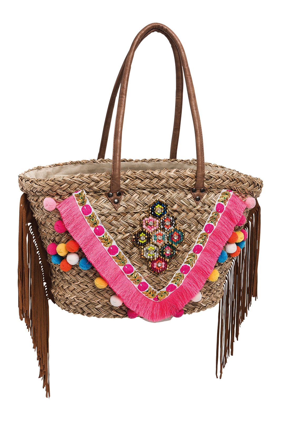 Basket Decorated With Beads, Fringing And A Pink Stripe - Iris Pink