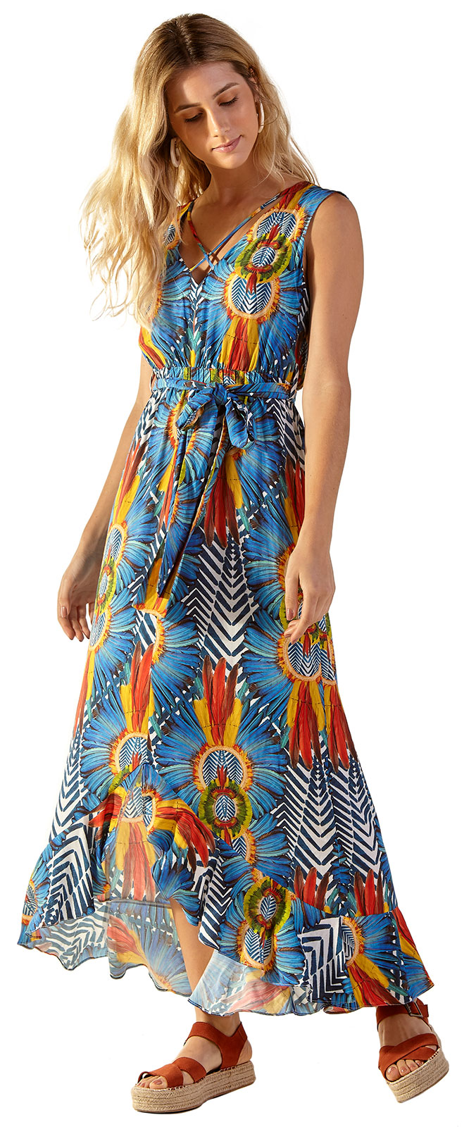 Maxi Dresses Long Colorful Tropical Belted Beach Dress - Loren Cocarde