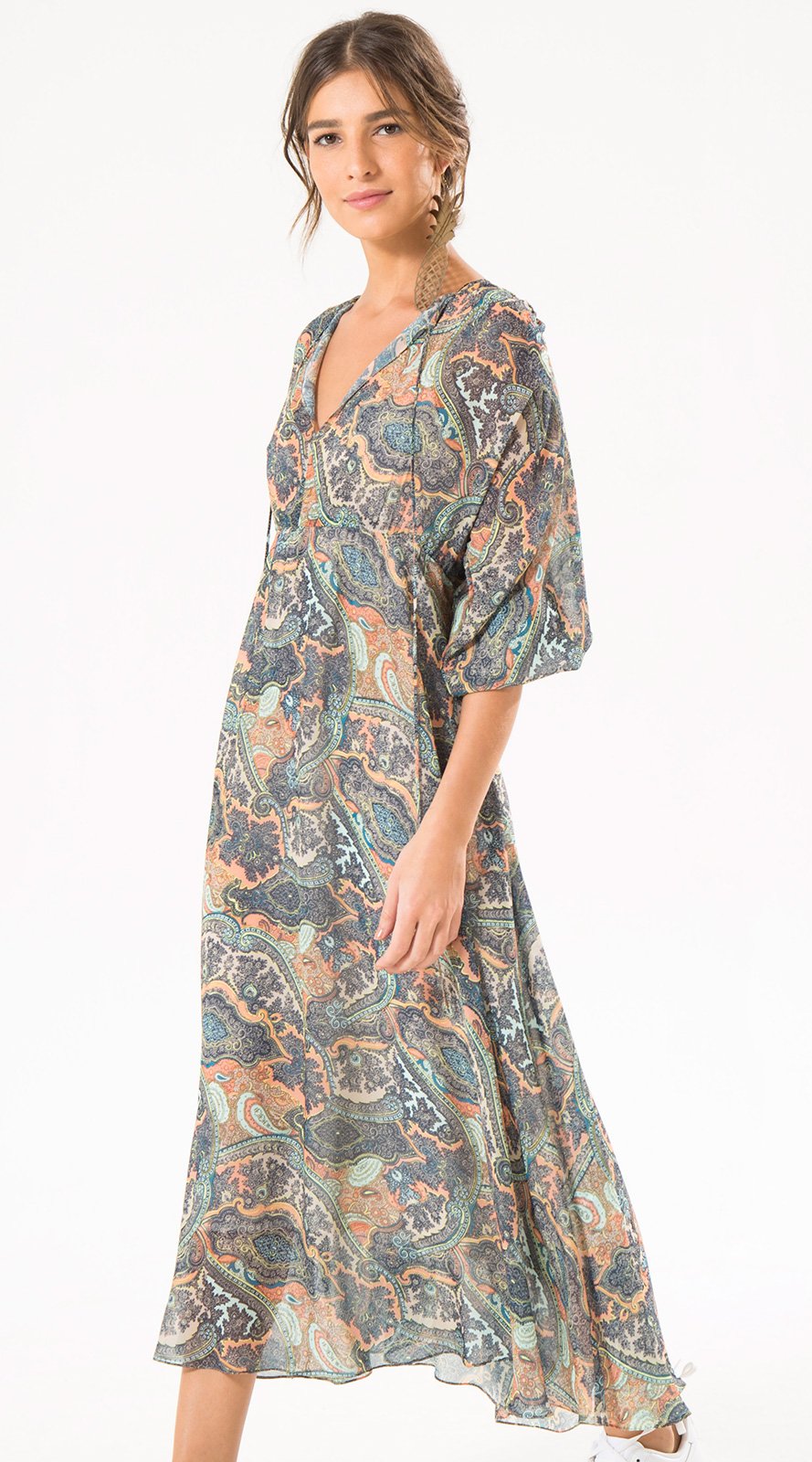 Dress 3/4 Sleeved Long Paisley Print Dress - Lumi Midi Dress
