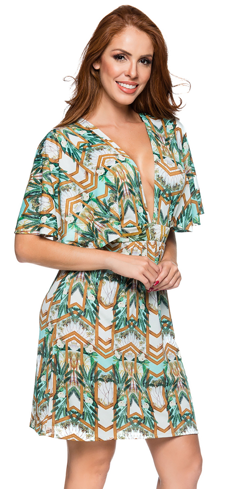 Plunging Neckline Beach Dress In Green Print  Decote Paquetaria  Lua