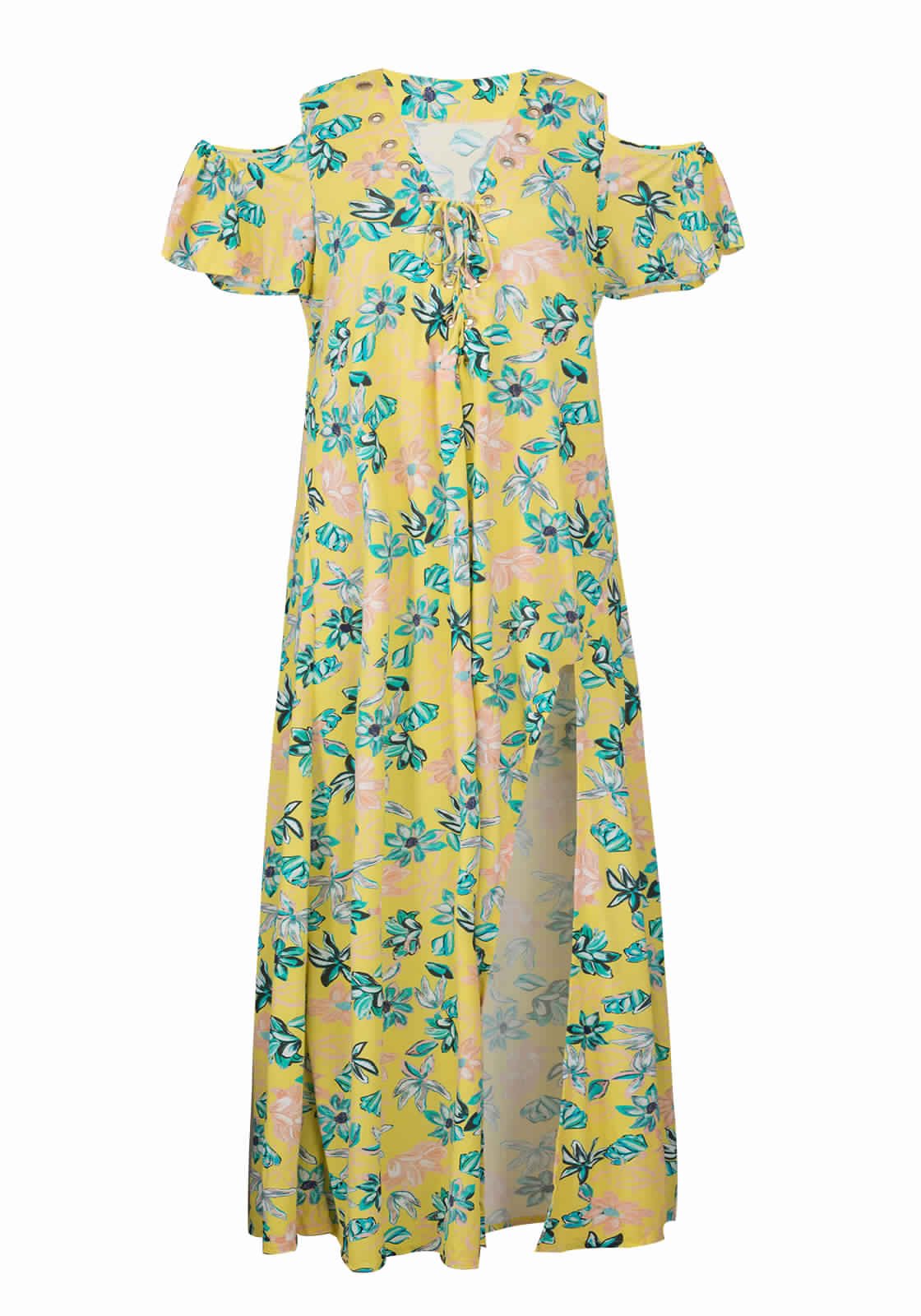 Long Yellow Beach Dress With Flowers And Laced Neckline - Saida Long ...