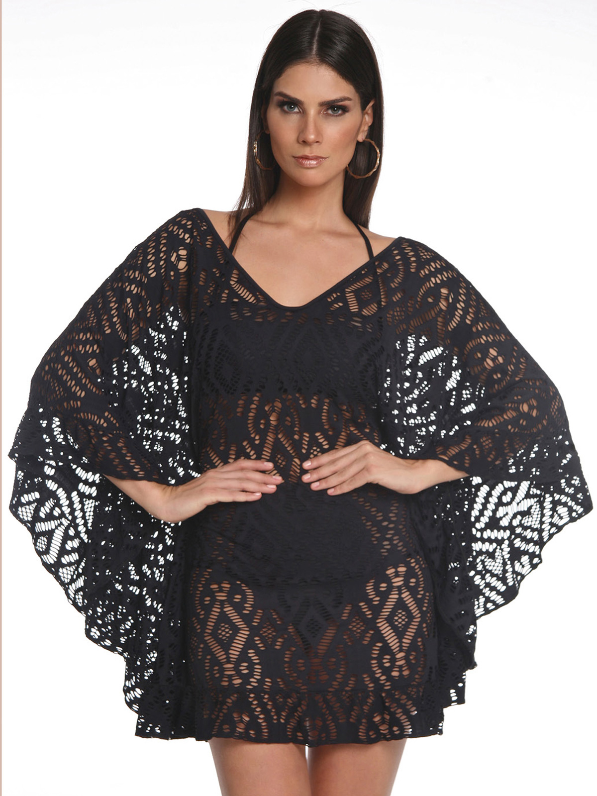 Maxi Dresses Black Beach Cover Up With Openwork Morcego Babado