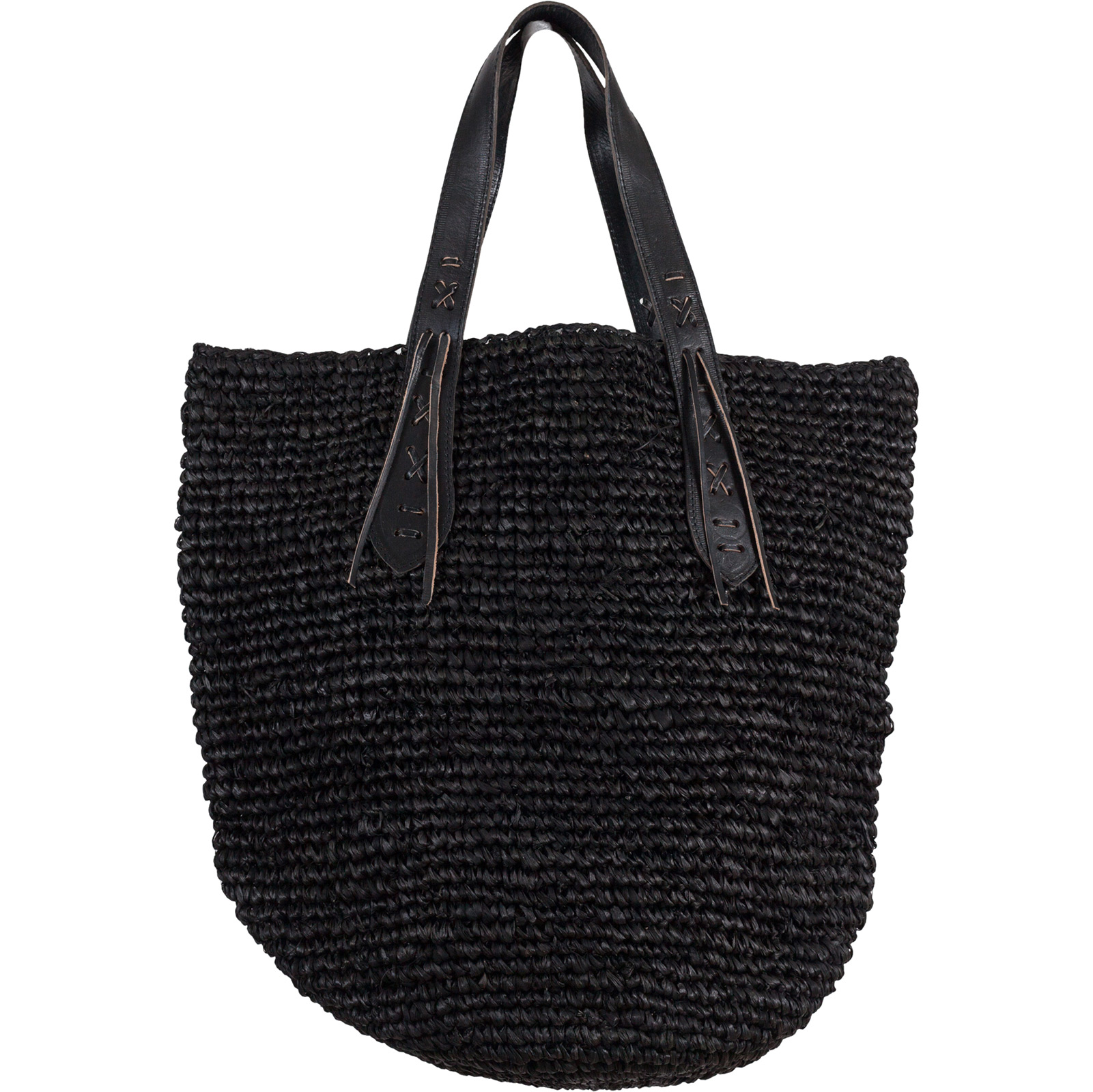 Xl Black Straw Bag With Leather Handles - Panier Xl Ibiza Black