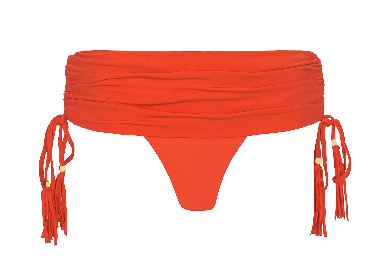 Red Skirt-style Bikini Bottom With Tassels - Calcinha Ambra Jupe Urucum