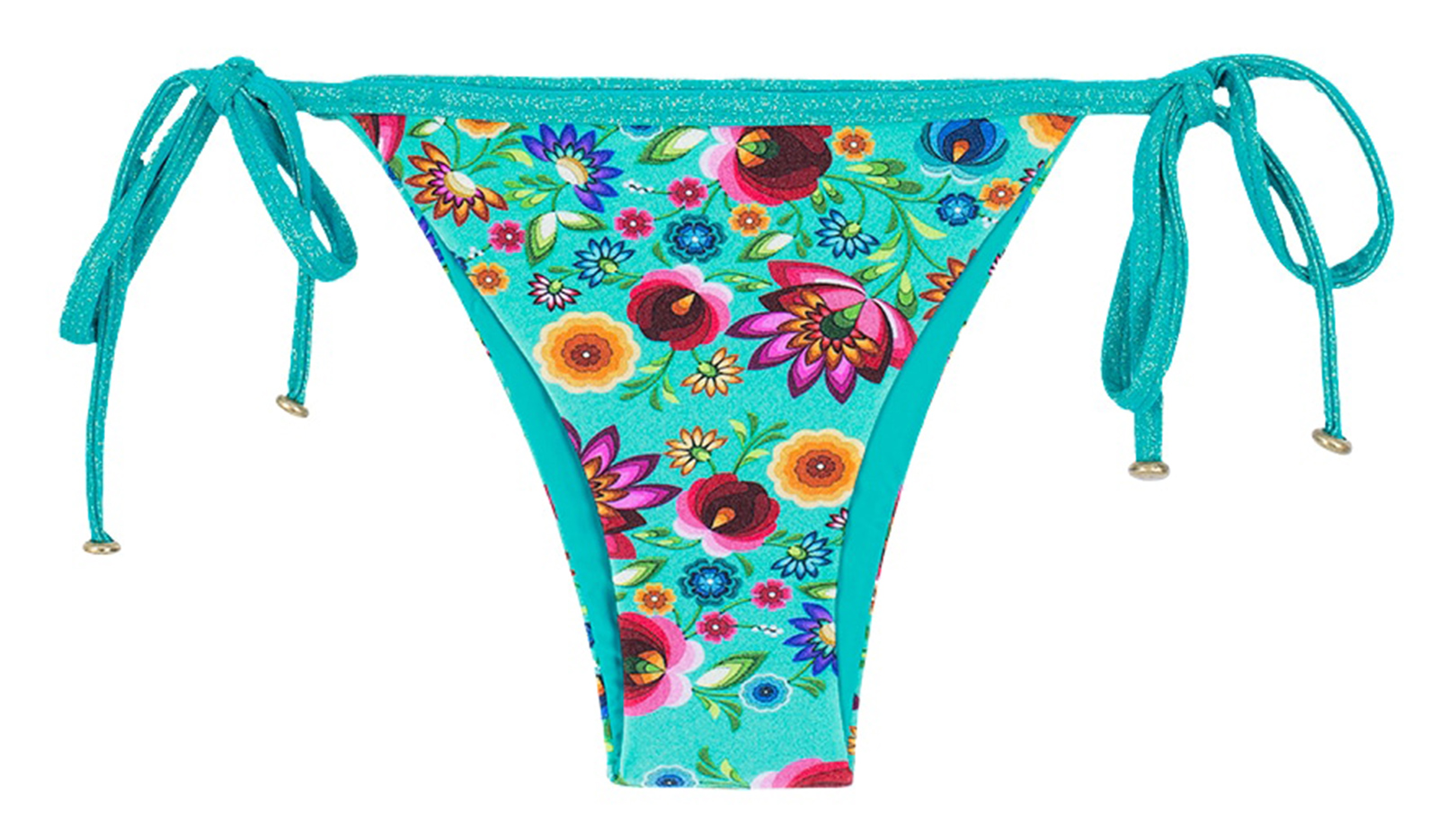 Blue Floral Print Brazilian Bikini Bottoms With Lurex Side Ties