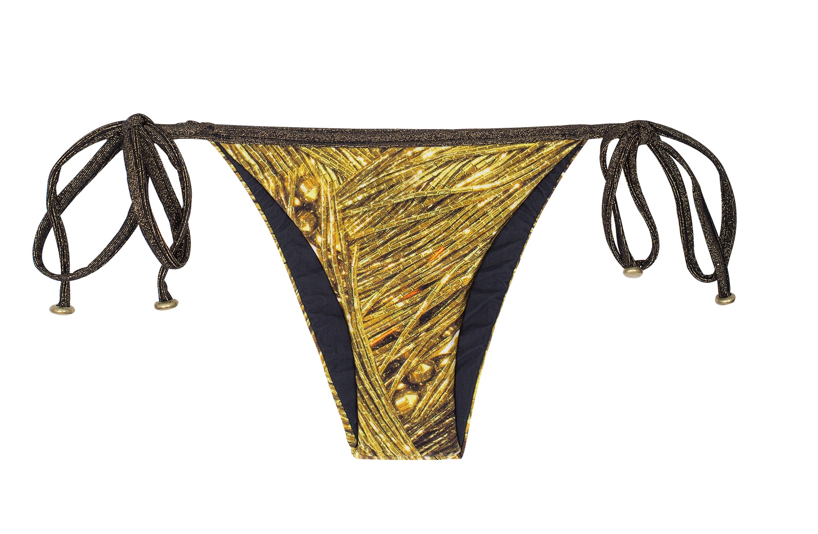 Gold Print Brazilian Bikini Bottom With Lurex Side Ties Calcinha Reluzente Lacinho Rio De Sol
