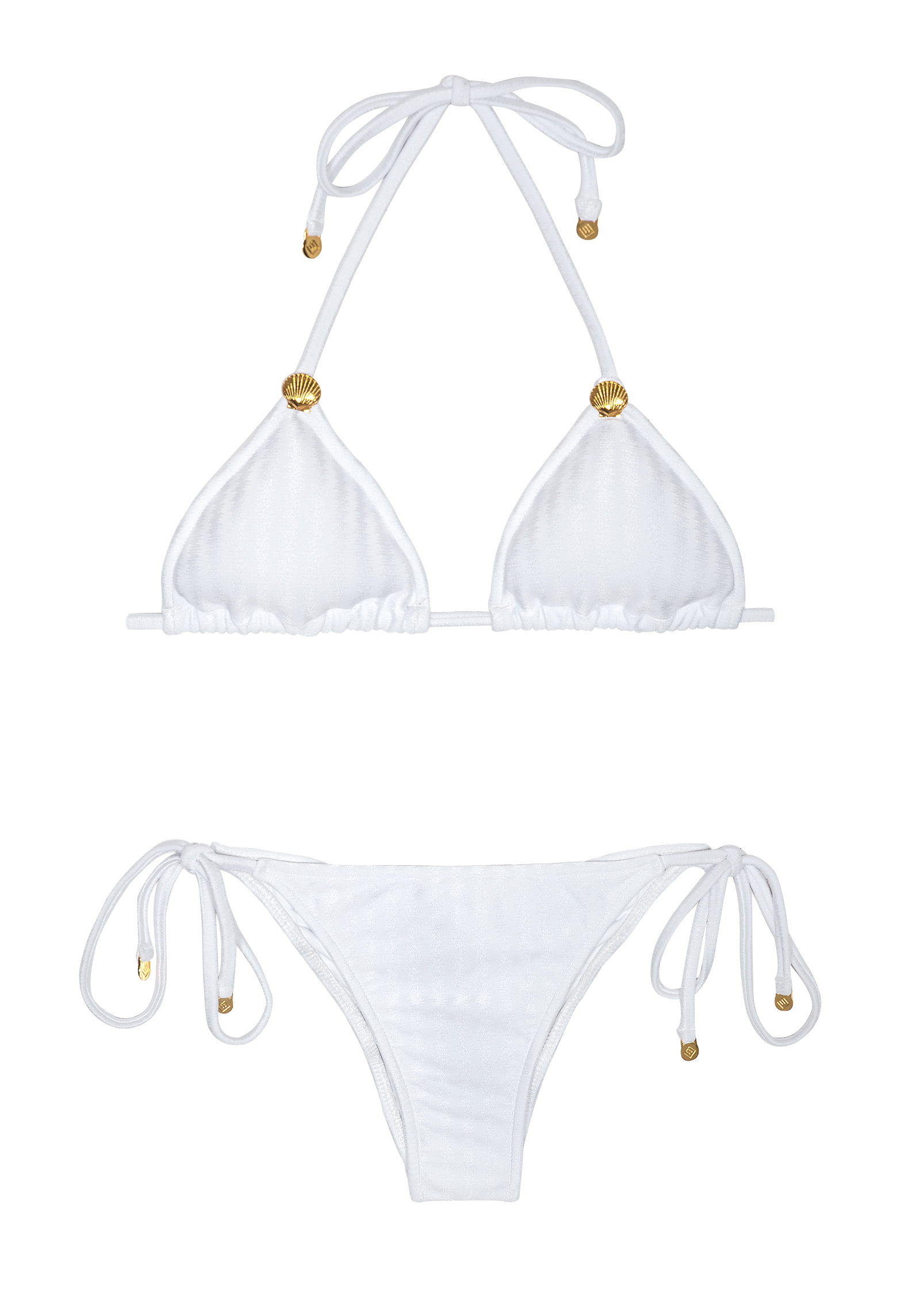 Iridescent White Triangle Bikini With Shell Decorations - Shell Ikat White