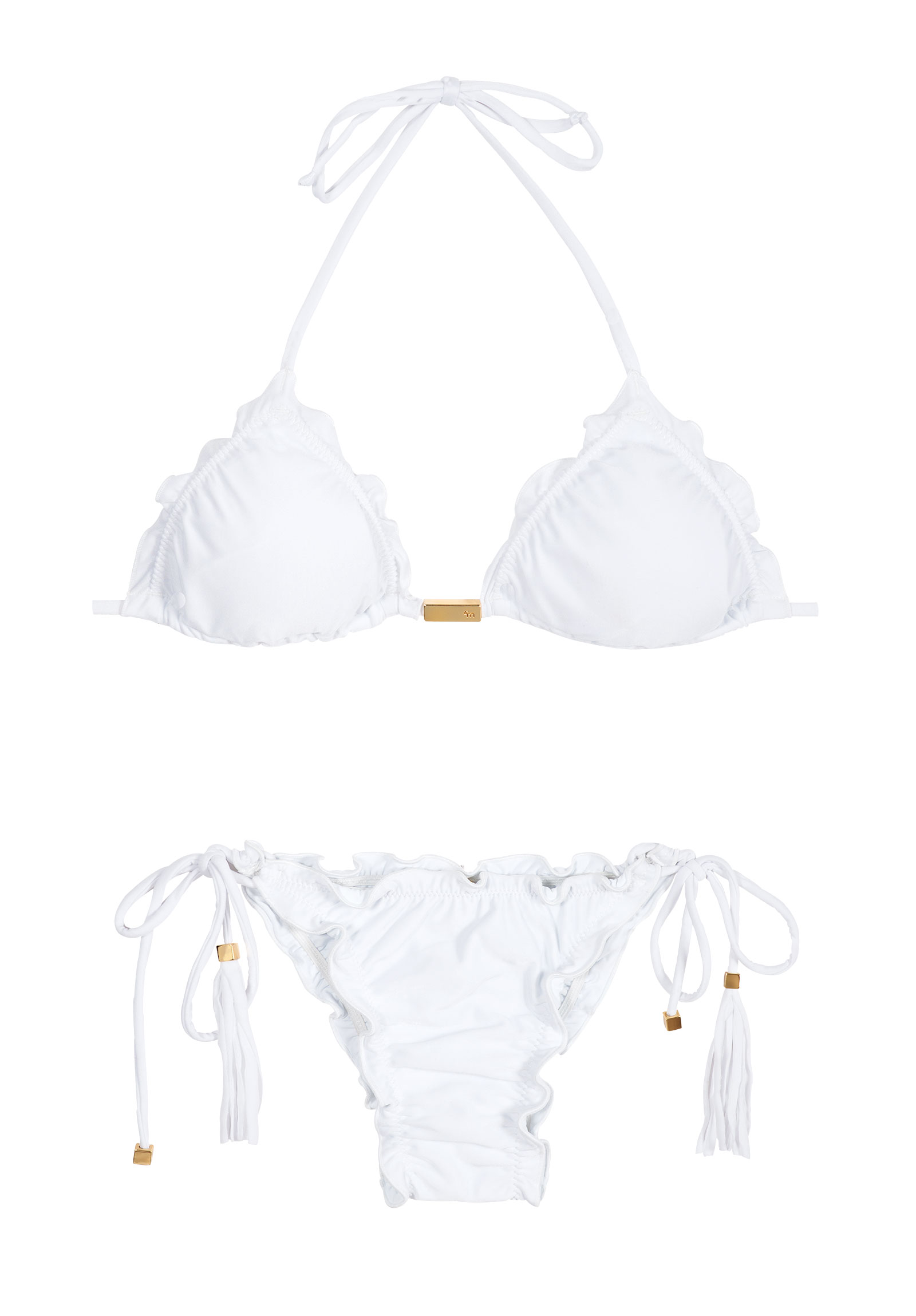 Maryssil White Triangle Bikini, Wavy Edges And Tassels - Branco Frufru