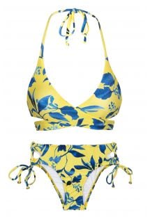 Wiązane po bokach bikini w żółto-niebieski wzór - LEMON FLOWER TRANSPASSADO