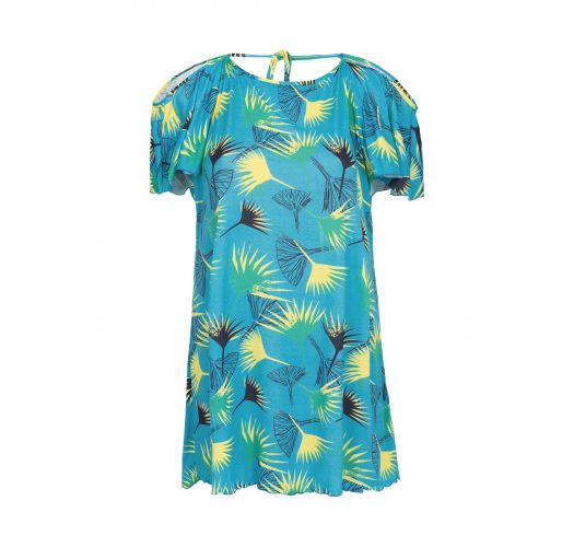 Blue graphic flowers beach dress bare shoulders - SAIDA FLOWER GEOMETRIC OFF SHOULDER