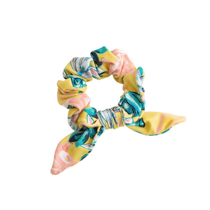 Yellow scrunchie with a bow and flowers - FLORESCER SCRUNCHIE