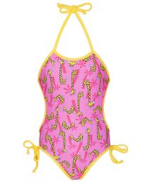 Pink one piece swimsuit for baby with giraffe pattern - GIRAFINHAS