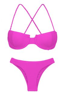 Textured magenta pink balconette bikini with crossed straps - SET ST-TROPEZ-PINK BALCONET ESSENTIAL