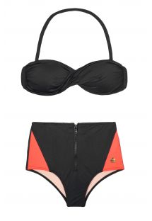 Black bandeau bikini top and black and neon coral hot pants - FIT ZIPER
