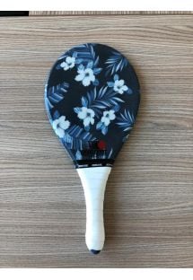 Frescobol racket printed with white and blue flowers - RAQUETE FLORES BRANCO PRETO