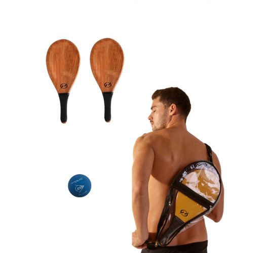 フレスコボールセット 木製ビーチバット２個 透明ケースカバー１個 ボール１個 Wooden Frescobol Set Blueman
