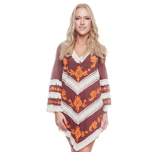 Brown long sleeve beach dress with fringes - NEW TRIBAL BROWNIE