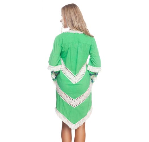 Green long sleeve fringed beach dress - NEW TRIBAL MINT