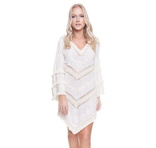 White long sleeve beach dress with fringes - NEW TRIBAL VANILLA