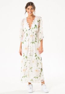 Długa biała sukienka plażowa w kwiaty - MAX FLOWER KAFTAN