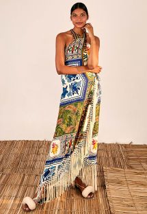 MIXED SCARFS CROSSED FRONT MAXI DRESS