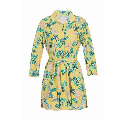 Beach yellow shirt dress with flowers - CHEMISE FLORESCER