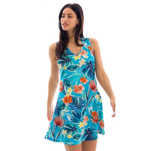 Niebieska kwiatowa sukienka plażowa bez rękawów - DRESS ISLA