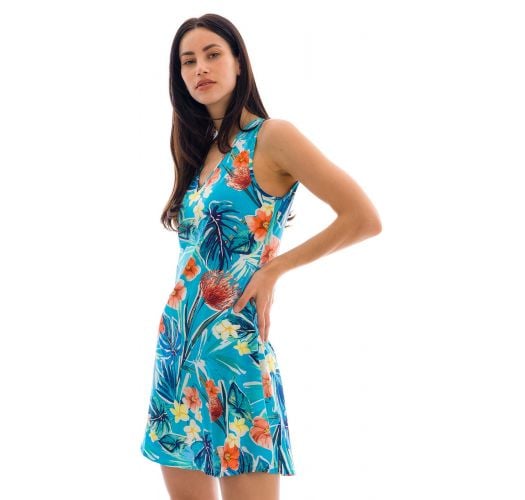 Blue floral sleeveless beach dress - DRESS ISLA