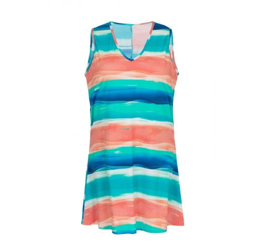 Sleeveless beach dress with blue & coral print - DRESS UPBEAT