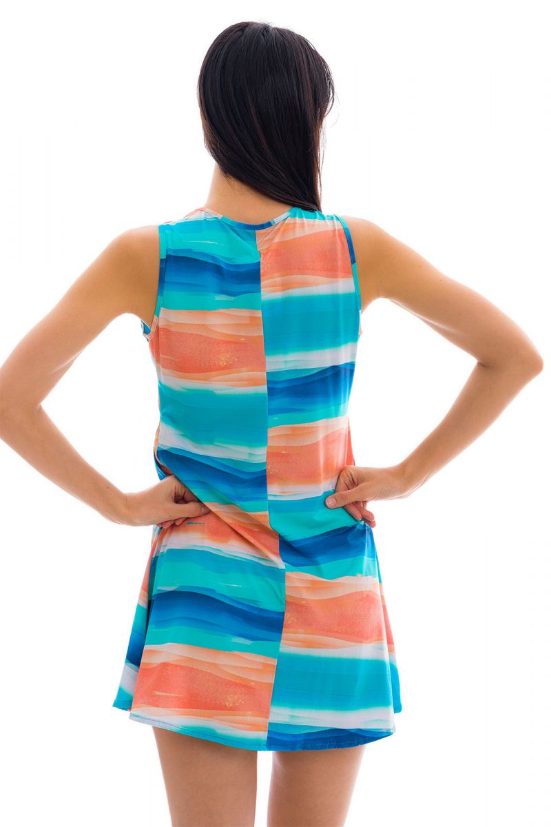 Sleeveless beach dress with blue & coral print - DRESS UPBEAT