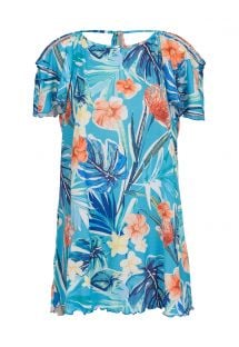 Floral print blue dress with bare shoulders - SAIDA ISLA OFF SHOULDER
