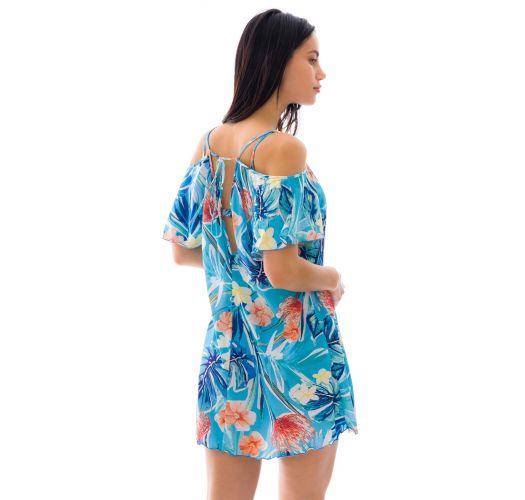 Floral print blue dress with bare shoulders - SAIDA ISLA OFF SHOULDER