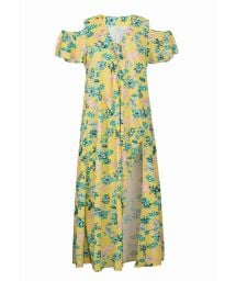 Long yellow beach dress with flowers and laced neckline - SAIDA LONG FLORESCER