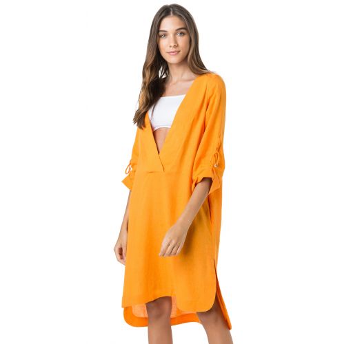 Robe De Plage Décolletée Safran En Lin Manches 34 Tunica Midi Laranja