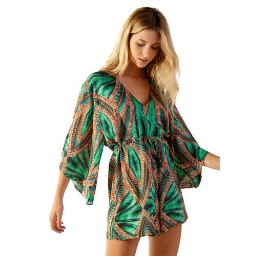 Green tropical romper with kimono sleeves - EQULIBRIO TAI
