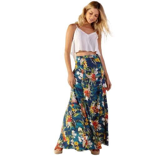 Long blue beach skirt with flowers - LIA ARTA