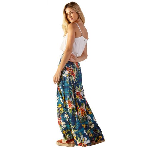 Long blue beach skirt with flowers - LIA ARTA