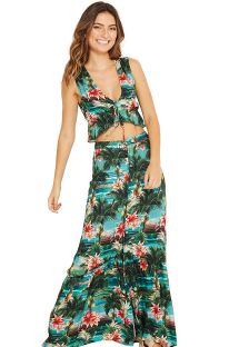 Front tied beach top in tropical print - CROPPED ISLA