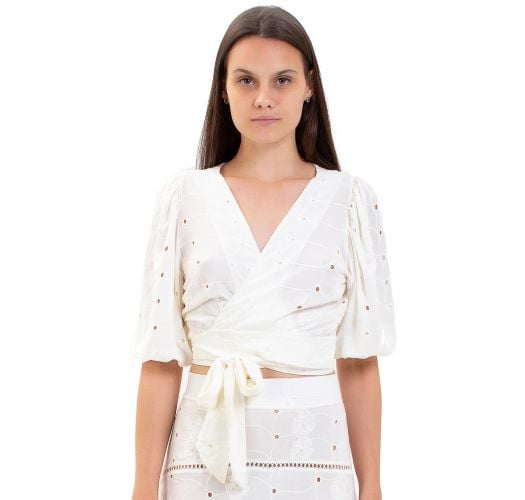 White wrap crop top with embroidery - TOP MARIANA WHITE OFF