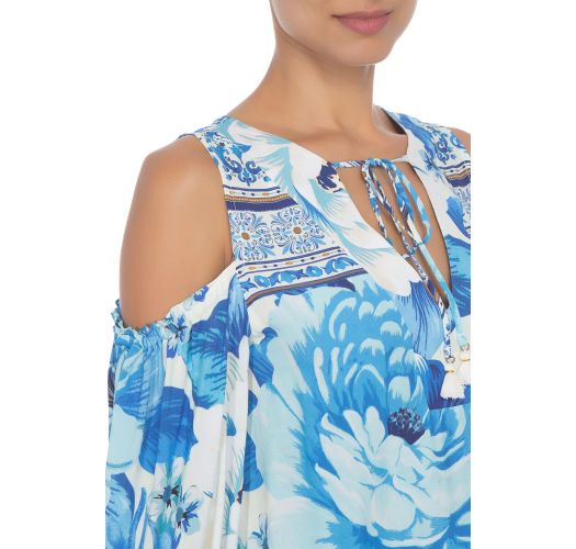 Blue bohemian floral blouse bare shoulders - BATA CHITA AZULEJO
